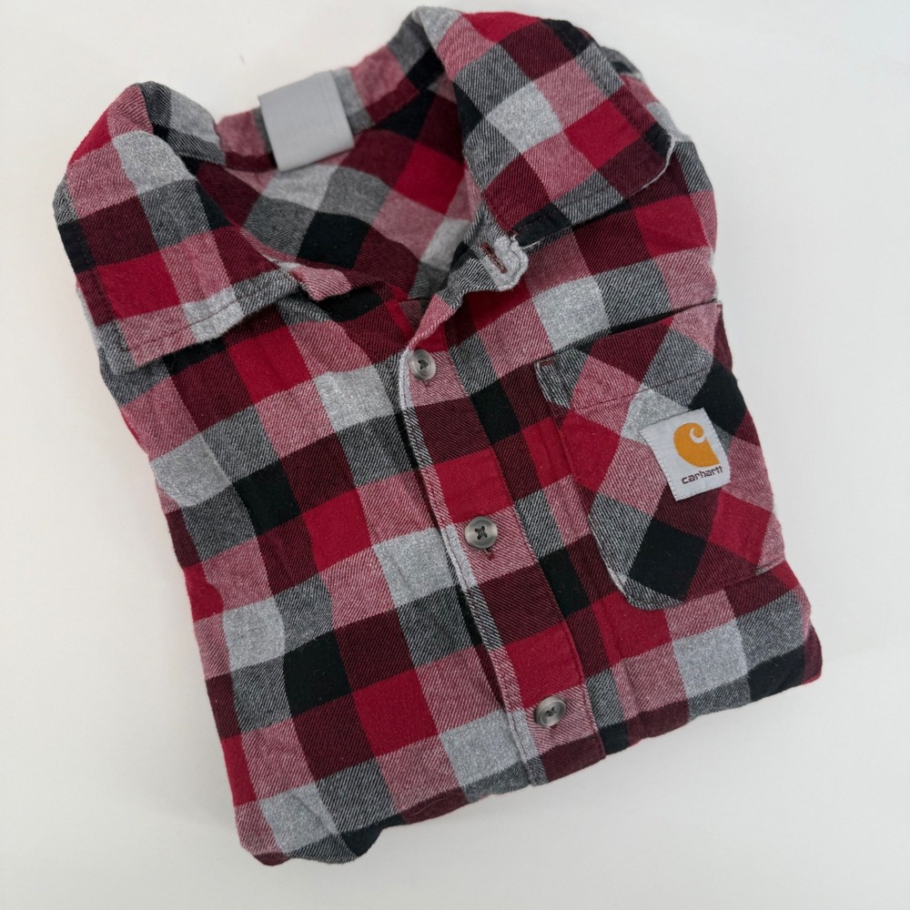 Carhartt Flannel Shirt Red Black Gray Plaid Long Sleeve‎ Button Up Kids M 10/12